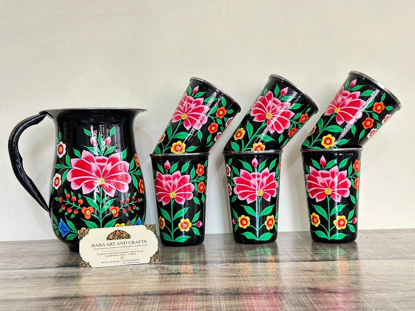 Hand painted jug set, Enamel Ware utensils,Enamelware jug set with 6 hand painted steel glass , kashmiri enamelware, hand painted tumbler set 
